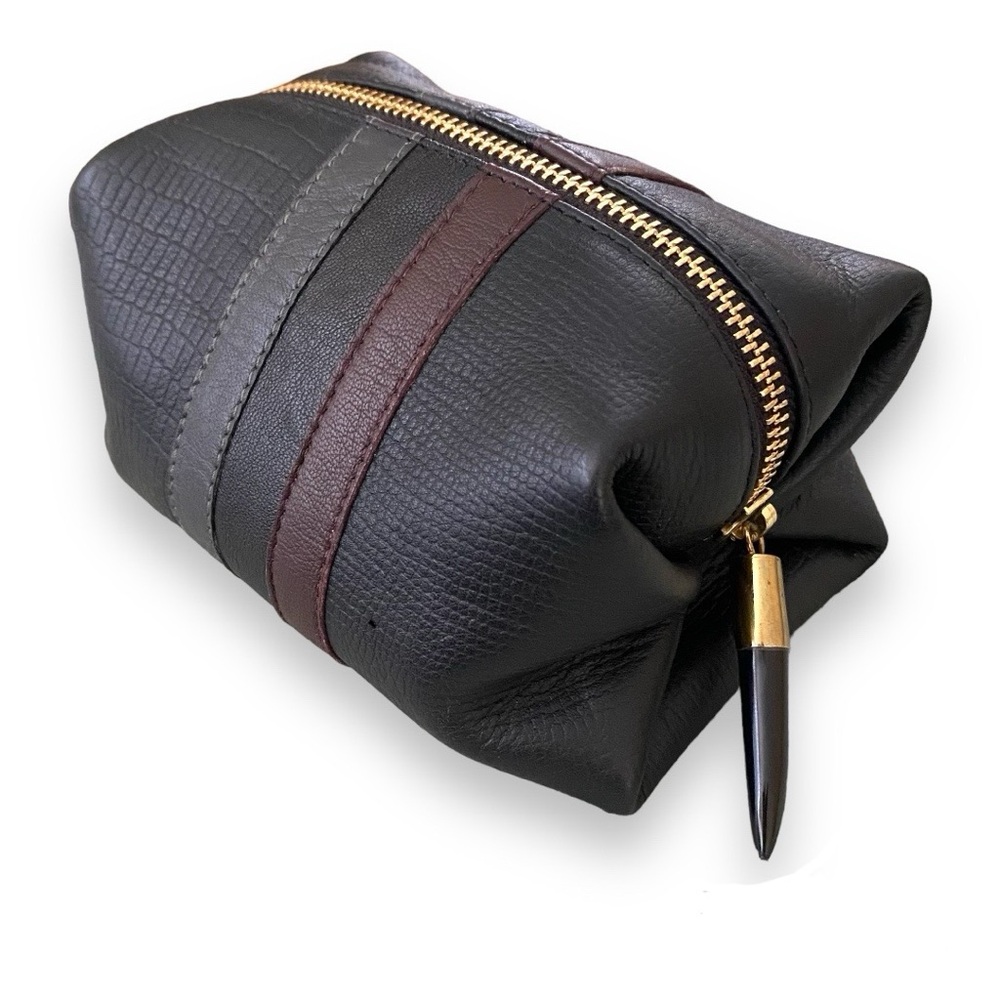 Unisex Kempton & Co Leather Truffle Cosmetic Pouch Case Black Horn Zipper Pull